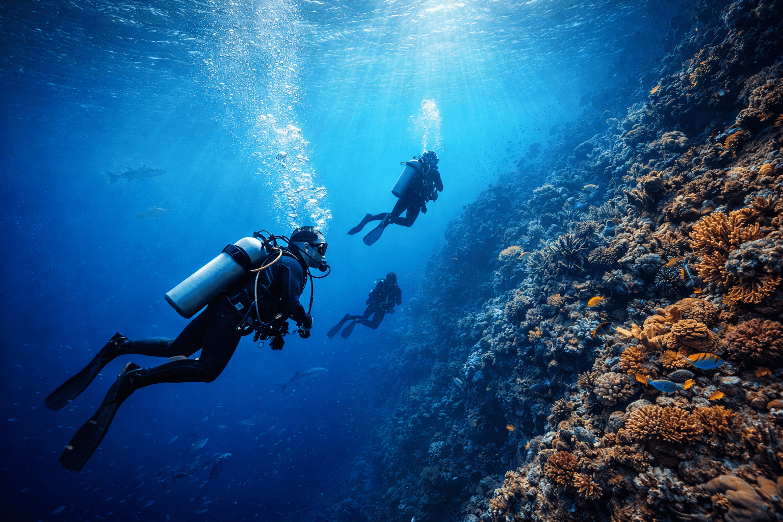 Scuba diver exploring coral reef