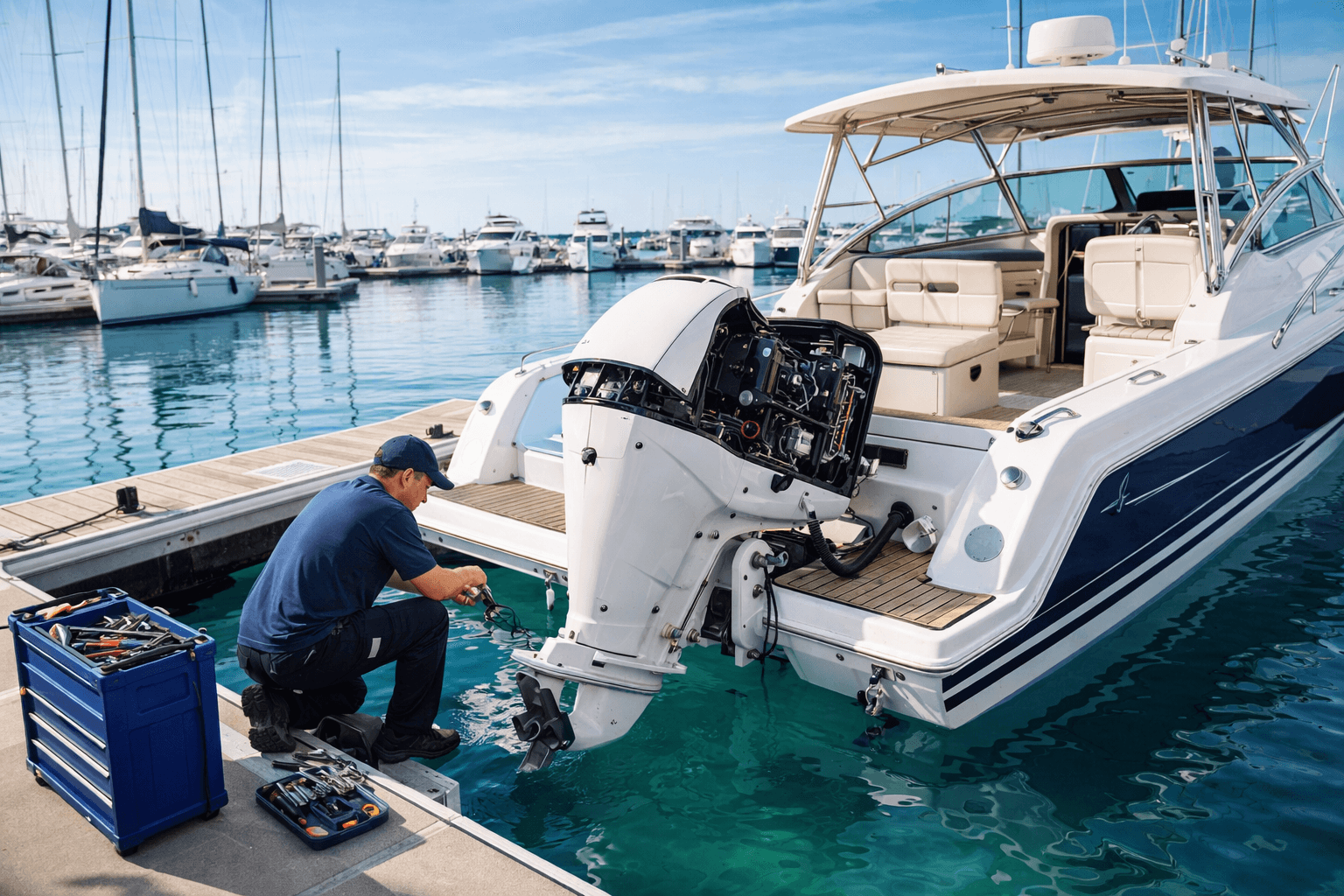 Marine mechanic working on boat at marina