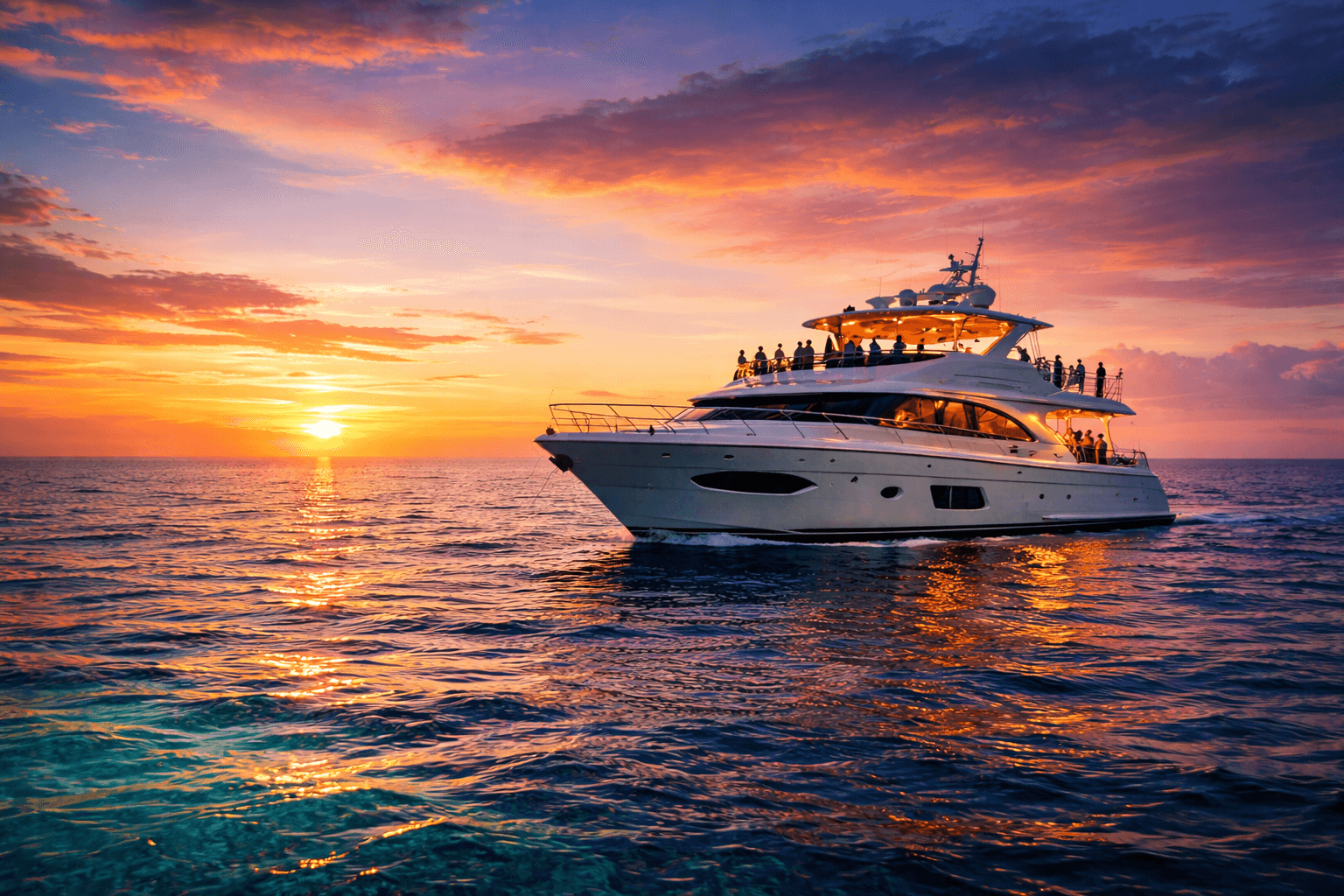 Luxury yacht on ocean during sunset