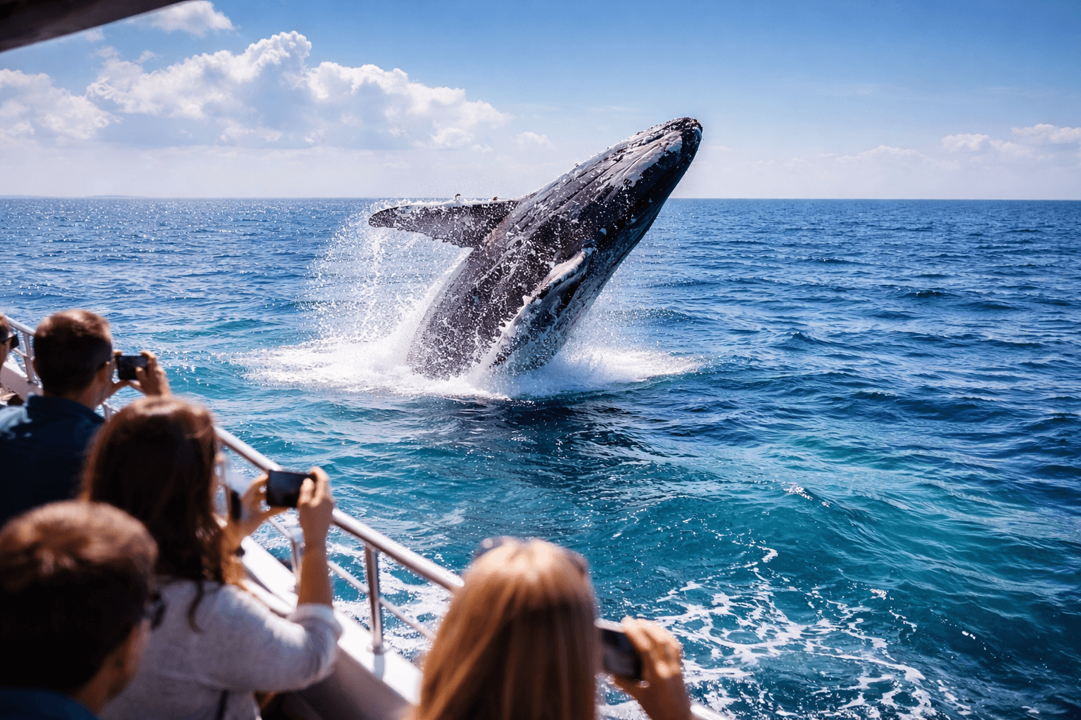 Whale breaching near whale watching boat