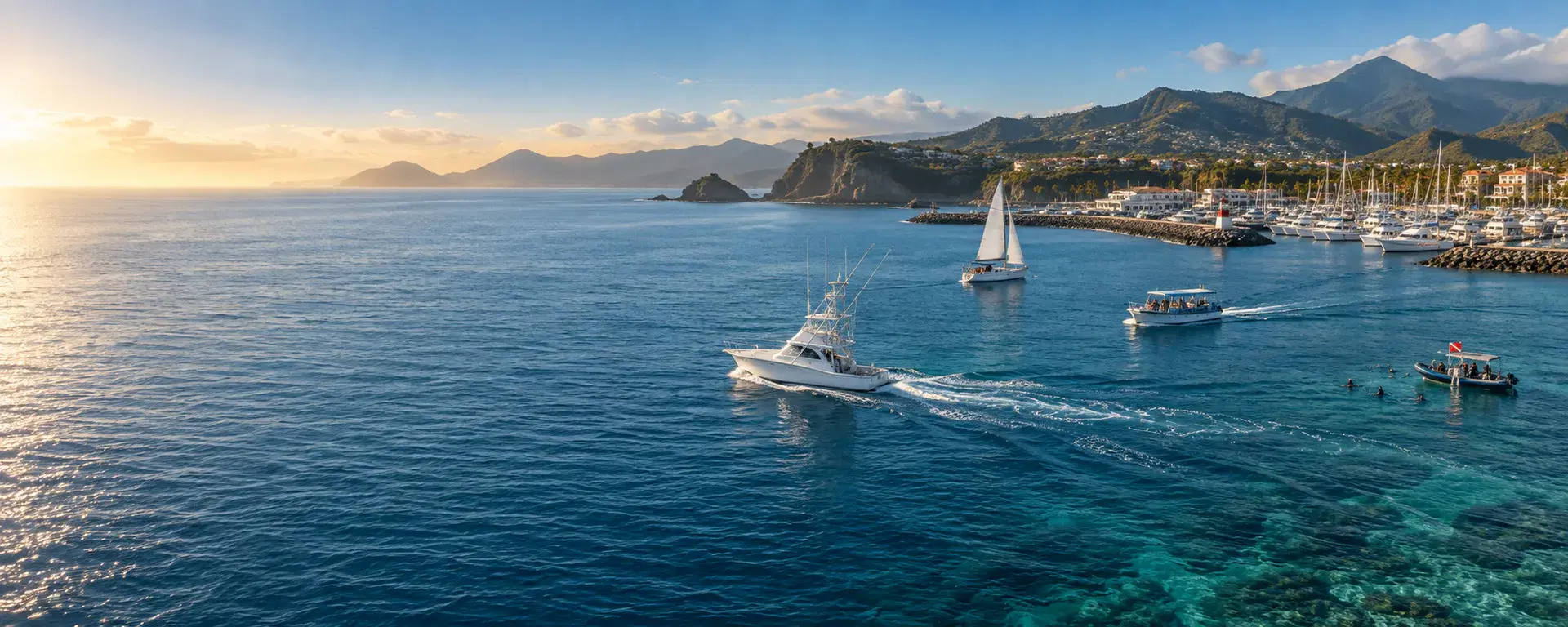 Fishing, tour, and sailboats crossing a coastal bay near a marina